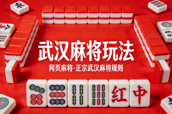 网页麻将武汉麻将玩法宣传图片，展示红色背景与武汉麻将文字